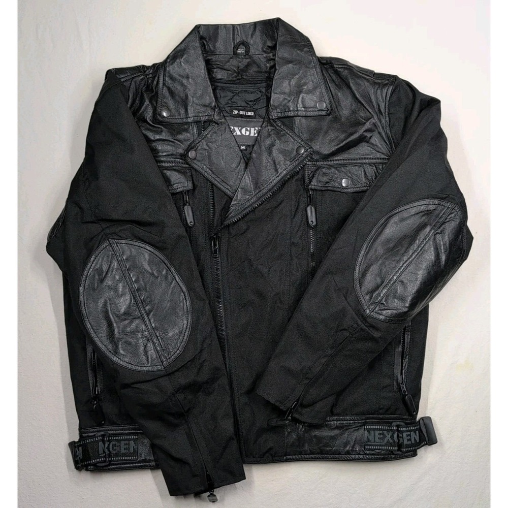 Nexgen Motorcycle Jacket Medium Black Leather‎ Nylon Waterproof Zip Out Liner